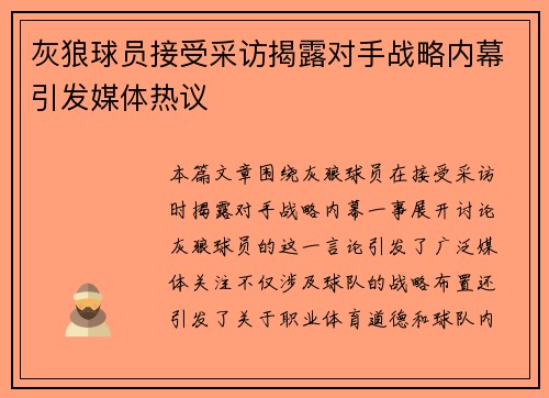 灰狼球员接受采访揭露对手战略内幕引发媒体热议